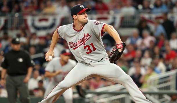 Apr 18, 2017; Atlanta, GA, USA; Washington Nationals starting pitcher Max Scherzer (31) delivers a pitch to an Atlanta Braves batter in the third inning at SunTrust Park. Photo Credit: Jason Getz-USA TODAY Sports