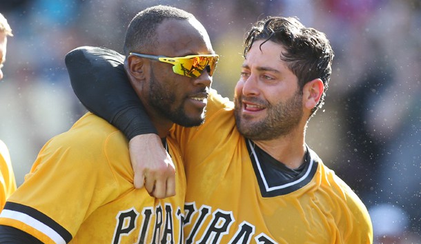 Apr 9, 2017; Pittsburgh, PA, USA; Pittsburgh Pirates center fielder Starling Marte (L) celebrates with catcher Francisco Cervelli (R) after Marte hit a two run game winning home run against the Atlanta Braves during the tenth inning at PNC Park. The Pirates won 6-5. Mandatory Credit: Charles LeClaire-USA TODAY Sports