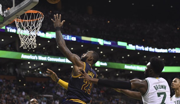 May 17, 2017; Boston, MA, USA; Cleveland Cavaliers forward LeBron James (23) lays the ball in the basket past Boston Celtics forward Jaylen Brown (7) during the second half in game one of the Eastern conference finals of the NBA Playoffs at TD Garden. Photo Credit: Bob DeChiara-USA TODAY Sports