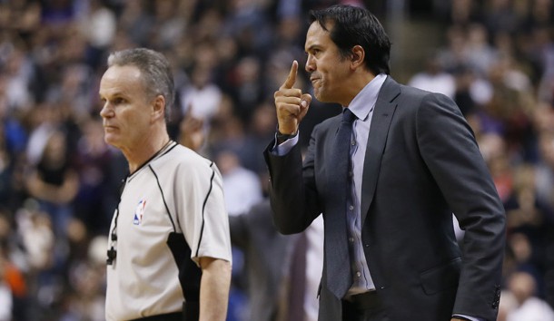 Apr 7, 2017; Toronto, Ontario, CAN; Miami Heat head coach Erik Spoelstra (R) questions a call by official Mike Callahan (L) during a game against the Toronto Raptors at the Air Canada Centre. Toronto defeated Miami 96-94. Photo Credit: John E. Sokolowski-USA TODAY Sports