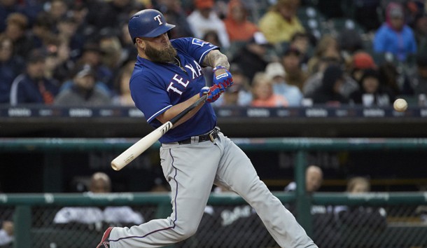 May 19, 2017; Detroit, MI, USA; Texas Rangers designated hitter Mike Napoli (5) hits a home run in the fourth inning against the Detroit Tigers at Comerica Park. Photo Credit: Rick Osentoski-USA TODAY Sports