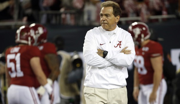 Jan 9, 2017; Tampa, FL, USA; Alabama Crimson Tide head coach Nick Saban on the field prior to the 2017 College Football Playoff National Championship Game against the Clemson Tigers at Raymond James Stadium. Photo Credit: Kim Klement-USA TODAY Sports