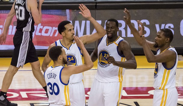 May 14, 2017; Oakland, CA, USA; Golden State Warriors guard Stephen Curry (30) high fives guard Shaun Livingston (34), forward Draymond Green (23) and forward Kevin Durant (35) after a basket against the San Antonio Spurs during the fourth quarter in game one of the Western conference finals of the 2017 NBA Playoffs at Oracle Arena. Photo Credit: Kelley L Cox-USA TODAY Sports