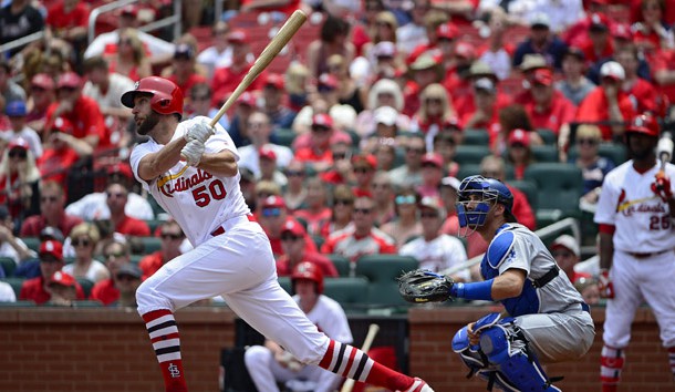 Jun 1, 2017; St. Louis, MO, USA; St. Louis Cardinals starting pitcher Adam Wainwright (50) hits a two run home run off of Los Angeles Dodgers starting pitcher Brandon McCarthy (not pictured) during the second inning at Busch Stadium. Photo Credit: Jeff Curry-USA TODAY Sports