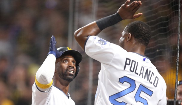 Jun 17, 2017; Pittsburgh, PA, USA; Pittsburgh Pirates center fielder Andrew McCutchen (left) celebrates his solo home run with right fielder Gregory Polanco (25) against the Chicago Cubs during the sixth inning at PNC Park. Photo Credit: Charles LeClaire-USA TODAY Sports