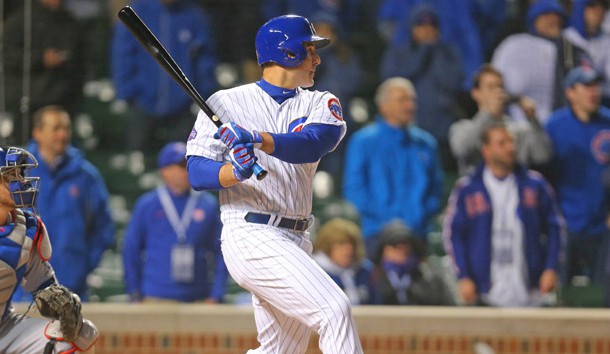 Apr 10, 2017; Chicago, IL, USA; Chicago Cubs first baseman Anthony Rizzo (44) hits the game winning RBI single during the ninth inning against the Los Angeles Dodgers at Wrigley Field. Chicago won 3-2. Photo Credit: Dennis Wierzbicki-USA TODAY Sports