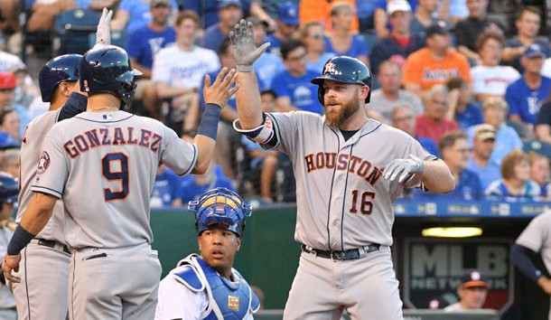 Jun 5, 2017; Kansas City, MO, USA; Houston Astros catcher Brian McCann (16) is congratulated by left fielder Marwin Gonzalez (9) after hitting a two run home run in the fourth inning against the Kansas City Royals at Kauffman Stadium. Photo Credit: Denny Medley-USA TODAY Sports