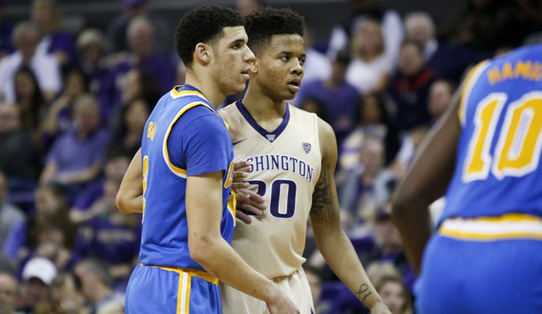 Feb 4, 2017; Seattle, WA, USA; UCLA Bruins guard Lonzo Ball (2) and Washington Huskies guard Markelle Fultz (20) guard each other during the second half at Alaska Airlines Arena at Hec Edmundson Pavilion. UCLA won 107-66. Photo Credit: Jennifer Buchanan-USA TODAY Sports