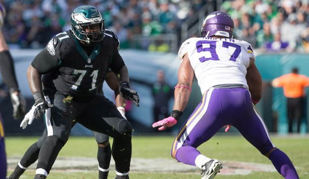 Oct 23, 2016; Philadelphia, PA, USA; Philadelphia Eagles tackle Jason Peters (71) blocks against Minnesota Vikings defensive end Everson Griffen (97) at Lincoln Financial Field. The Philadelphia Eagles won 21-10. Photo Credit: Bill Streicher-USA TODAY Sports