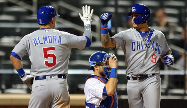 Jun 13, 2017; New York City, NY, USA; Chicago Cubs second baseman Javier Baez (9) celebrates his two run home run against the New York Mets with Chicago Cubs center fielder Albert Almora Jr. (5) during the ninth inning at Citi Field. Photo Credit: Brad Penner-USA TODAY Sports