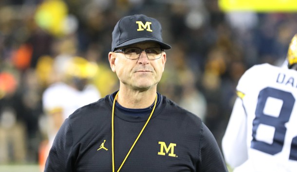 Nov 12, 2016; Iowa City, IA, USA; Michigan Wolverines head coach Jim Harbaugh walks the sidelines during their game against the Iowa Hawkeyes at Kinnick Stadium. Photo Credit: Reese Strickland-USA TODAY Sports