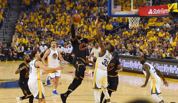 Jun 4, 2017; Oakland, CA, USA; Cleveland Cavaliers forward LeBron James (23) drives to the basket against Golden State Warriors forward Kevin Durant (35) during the first half in game two of the 2017 NBA Finals at Oracle Arena. Photo Credit: Kyle Terada-USA TODAY Sports