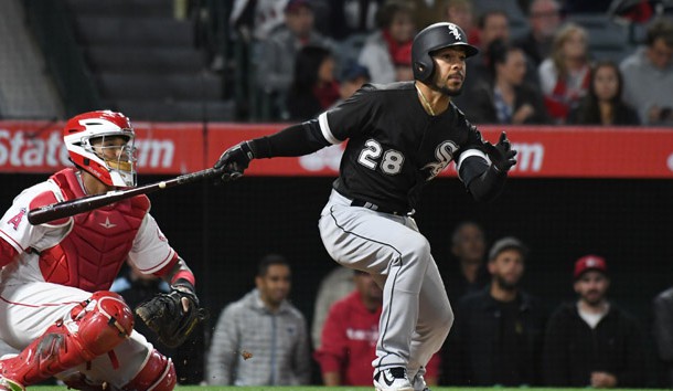 May 16, 2017; Anaheim, CA, USA; Chicago White Sox center fielder Leury Garcia (28) hits a double against the Los Angeles Angels in the eighth inning at Angel Stadium of Anaheim. Photo Credit: Richard Mackson-USA TODAY Sports