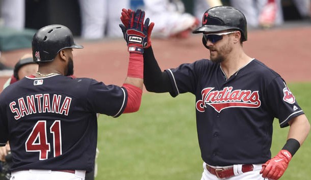 Jun 15, 2017; Cleveland, OH, USA; Cleveland Indians right fielder Lonnie Chisenhall (8) celebrates his three-run home run with first baseman Carlos Santana (41) in the fifth inning against the Los Angeles Dodgers at Progressive Field. Photo Credit: David Richard-USA TODAY Sports