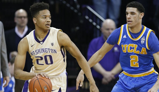 Feb 4, 2017; Seattle, WA, USA; Washington Huskies guard Markelle Fultz (20) dribbles against UCLA Bruins guard Lonzo Ball (2) during the first half at Alaska Airlines Arena at Hec Edmundson Pavilion. Photo Credit: Jennifer Buchanan-USA TODAY Sports