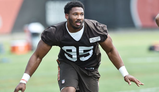 Jun 13, 2017; Berea, OH, USA; Cleveland Browns defensive lineman Myles Garrett (95) runs a drill during minicamp at the Cleveland Browns training facility. Photo Credit: Ken Blaze-USA TODAY Sports