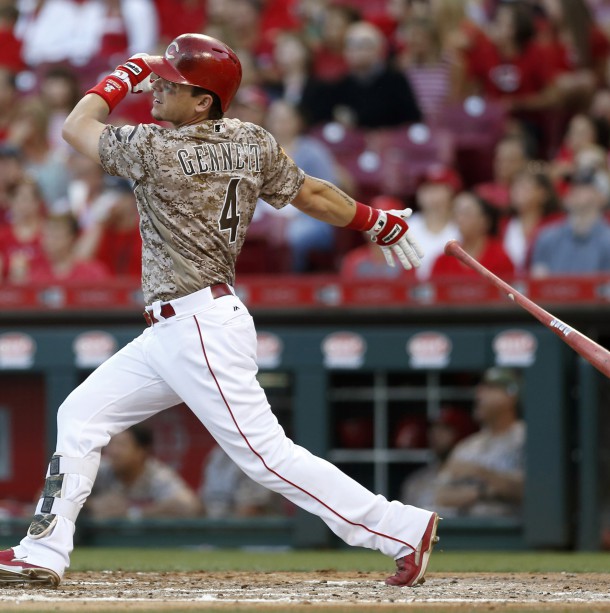 Jun 6, 2017; Cincinnati, OH, USA; Cincinnati Reds left fielder Scooter Gennett hits a grand slam against the St. Louis Cardinals during the third inning at Great American Ball Park. Photo Credit: David Kohl-USA TODAY Sports