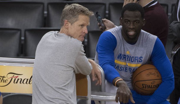 May 31, 2017; Oakland, CA, USA; Golden State Warriors head coach Steve Kerr (left) talks to forward Draymond Green (23, right) during the NBA Finals media day at Oracle Arena. Photo Credit: Kyle Terada-USA TODAY Sports