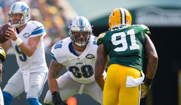 Sep 25, 2016; Green Bay, WI, USA; Detroit Lions offensive tackle Taylor Decker (68) during the game against the Green Bay Packers at Lambeau Field. Green Bay won 34-27. Photo Credit: Jeff Hanisch-USA TODAY Sports