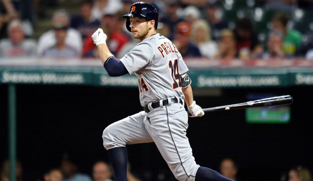 Jul 9, 2017; Cleveland, OH, USA; Detroit Tigers center fielder Alex Presley (14) hits a two RBI double against the Cleveland Indians in the sixth inning at Progressive Field. Photo Credit: Aaron Doster-USA TODAY Sports