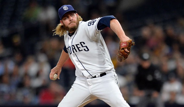 Jun 28, 2017; San Diego, CA, USA; San Diego Padres relief pitcher Brandon Maurer (37) pitches during the ninth inning against the Atlanta Braves at Petco Park. Photo Credit: Jake Roth-USA TODAY Sports