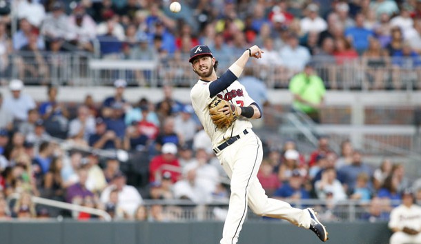 Jul 15, 2017; Atlanta, GA, USA; Atlanta Braves shortstop Dansby Swanson (7) throws a runner out at first against the Arizona Diamondbacks in the fifth inning at SunTrust Park. Photo Credit: Brett Davis-USA TODAY Sports