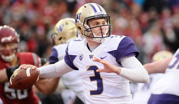 Nov 25, 2016; Pullman, WA, USA; Washington Huskies quarterback Jake Browning (3) throws a pass against the Washington State Cougars during the second half at Martin Stadium. The Huskies won 45-17. Photo Credit: James Snook-USA TODAY Sports