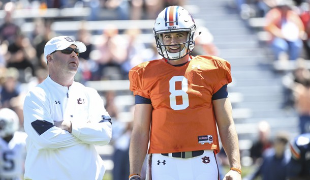 Jarrett Stidham talks with Chip Lindsay during Auburn's annual A-Day Game. Photo Credit: Auburn University