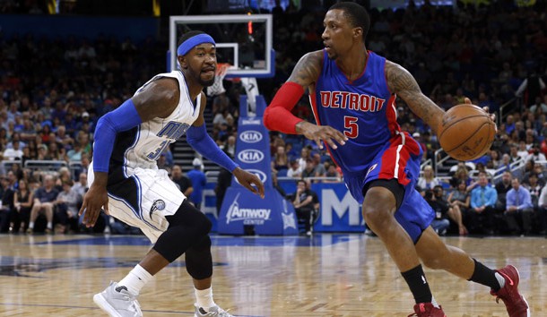 Apr 12 2017 Orlando FL USA Detroit Pistons guard Kentavious Caldwell Pope drives to the basket as Orlando Magic forward Terrence Ross defends during the first quarter at Amway Center