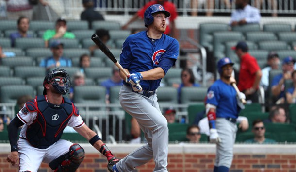 Jul 19 2017 Atlanta GA USA Chicago Cubs starting pitcher Mike Montgomery hits a solo home run in the fifth inning against the Atlanta Braves at Sun Trust Park