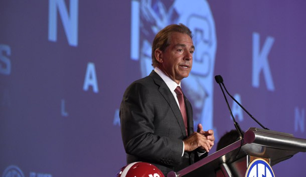Jul 12, 2017; Hoover, AL, USA; Alabama Crimson Tide head coach Nick Saban speaks to media during SEC Media Days at the Hyatt Regency Birmingham-The Winfrey Hotel. Photo Credit: Adam Hagy-USA TODAY Sports