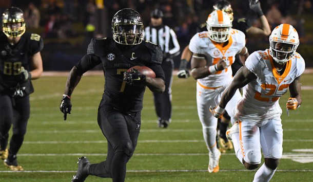 Nov 26, 2016; Nashville, TN, USA; Vanderbilt Commodores running back Ralph Webb (7) runs for a touchdown during the second half against the Tennessee Volunteers at Vanderbilt Stadium. Vanderbilt won 45-34. Photo Credit: Christopher Hanewinckel-USA TODAY Sports