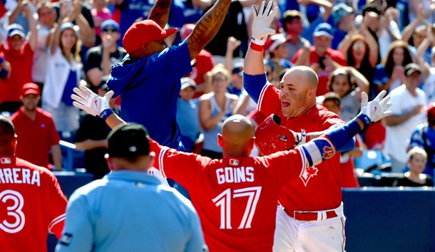 Jul 30, 2017; Toronto, Ontario, CAN; Toronto Blue Jays left fielder Steve Pearce (28) celebrates with teammates at home plate after hitting a walk off grand slam home run against Los Angeles Angels in the ninth inning at Rogers Centre. Photo Credit: Dan Hamilton-USA TODAY Sports