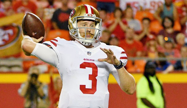 Aug 11, 2017; Kansas City, MO, USA; San Francisco 49ers quarterback C.J. Beathard (3) throws a pass during the second half against the Kansas City Chiefs at Arrowhead Stadium. Photo Credit: Denny Medley-USA TODAY Sports