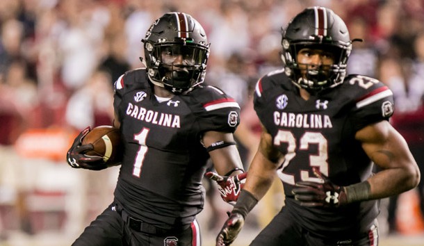 Oct 29, 2016; Columbia, SC, USA; South Carolina Gamecocks wide receiver Deebo Samuel (1) looks for room to run as South Carolina Gamecocks running back Rico Dowdle (23) blocks against the Tennessee Volunteers in the second half at Williams-Brice Stadium. Photo Credit: Jeff Blake-USA TODAY Sports