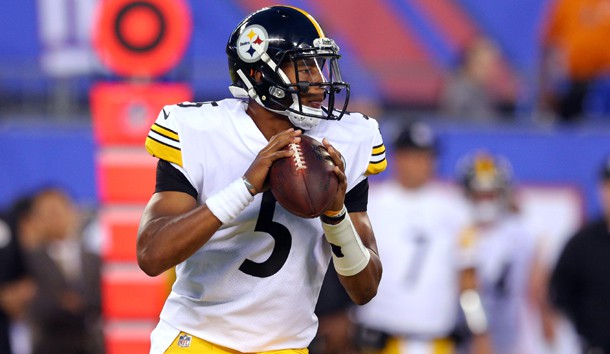 Aug 11, 2017; East Rutherford, NJ, USA; Pittsburgh Steelers quarterback Joshua Dobbs (5) drops back to pass against the New York Giants during the second quarter of a preseason game at MetLife Stadium. Photo Credit: Brad Penner-USA TODAY Sports