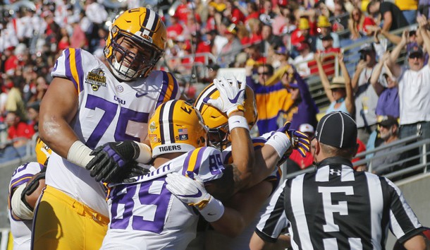 Dec 31, 2016; Orlando, FL, USA; LSU Tigers guard Maea Teuhema (75) and tight end DeSean Smith (89) celebrate a touchdown with tight end Colin Jeter (81) during the second quarter of an NCAA football game in the Buffalo Wild Wings Citrus Bowl at Camping World Stadium. Photo Credit: Reinhold Matay-USA TODAY Sports
