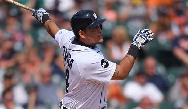 Aug 20, 2017; Detroit, MI, USA; Detroit Tigers first baseman Miguel Cabrera (24) hits a two run double during the eighth inning against the Los Angeles Dodgers at Comerica Park. Tigers won 6-1. Photo Credit: Patrick Gorski-USA TODAY Sports