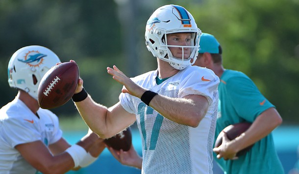 Jul 28, 2017; Davie, FL, USA; Miami Dolphins quarterback Ryan Tannehill (17) throws the ball during training camp at Baptist Health Training Facility at Nova Southeastern University. Photo Credit: Jasen Vinlove-USA TODAY Sports