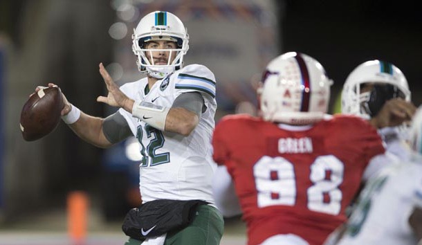 Nov 21, 2015; Dallas, TX, USA; Tulane Green Wave quarterback Tanner Lee (12) drops back to pass against the Southern Methodist Mustangs during the second quarter at Gerald J. Ford Stadium. Photo Credit: Jerome Miron-USA TODAY Sports