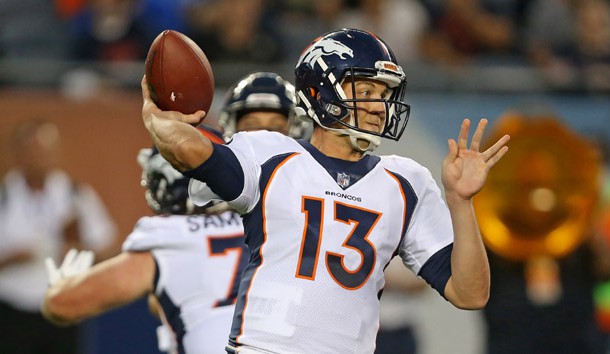 Aug 10, 2017; Chicago, IL, USA; Denver Broncos quarterback Trevor Siemian (13) passes during the second quarter against the Chicago Bears at Soldier Field. Photo Credit: Dennis Wierzbicki-USA TODAY Sports