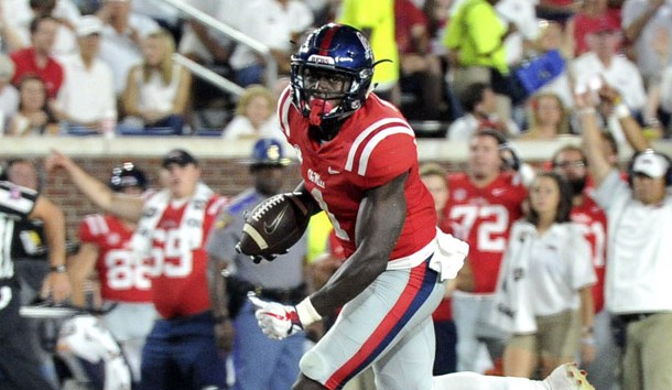 Sep 2, 2017; Oxford, MS, USA; Mississippi Rebels wide receiver A.J. Brown (1) carries the ball against the South Alabama Jaguars during the second half at Vaught-Hemingway Stadium. Mississippi Rebels defeated the South Alabama Jaguars 47-27. Photo Credit: Justin Ford-USA TODAY Sports
