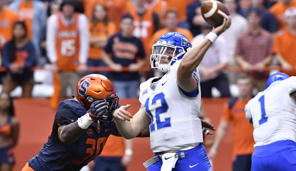 Sep 9, 2017; Syracuse, NY, USA; Middle Tennessee Blue Raiders quarterback Brent Stockstill (12) is hit by Syracuse Orange linebacker Parris Bennett (30) as he throws a pass during the first quarter at the Carrier Dome. Photo Credit: Mark Konezny-USA TODAY Sports