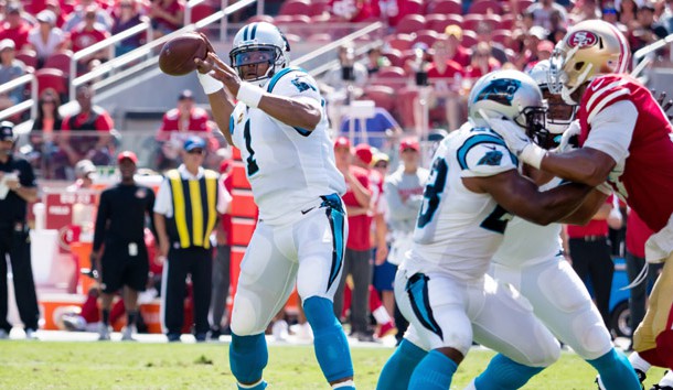 Sep 10, 2017; Santa Clara, CA, USA; Carolina Panthers quarterback Cam Newton (1) looks to pass the ball against the San Francisco 49ers during the second quarter at Levi's Stadium. Photo Credit: Kelley L Cox-USA TODAY Sports