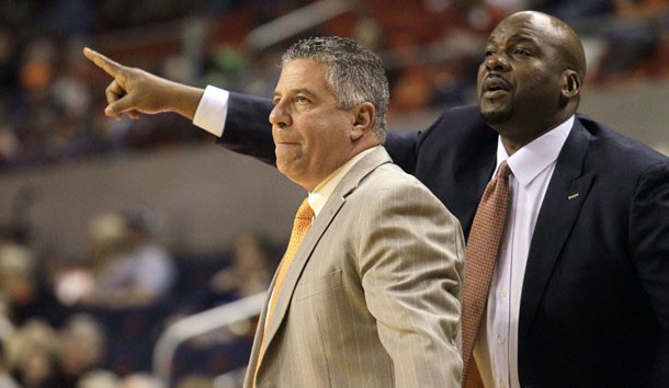 Feb 24, 2016; Auburn, AL, USA; Auburn Tigers head coach Bruce Pearl (left) and assistant coach Chuck Person direct the Tigers during the first half against the Georgia Bulldogs at Auburn Arena. Photo Credit: John Reed-USA TODAY Sports