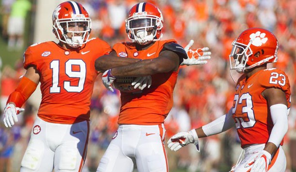 Sep 23, 2017; Clemson, SC, USA; Clemson Tigers cornerback Trayvon Mullen (1) celebrates after intercepting a ball during the first half against the Boston College Eagles at Clemson Memorial Stadium. Photo Credit: Joshua S. Kelly-USA TODAY Sports