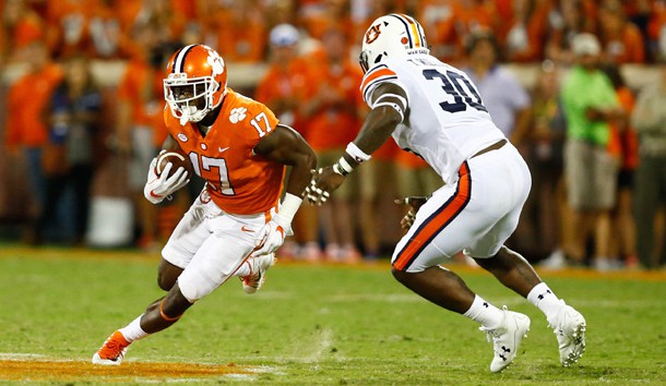 Sep 9, 2017; Clemson, SC, USA; Clemson Tigers wide receiver Cornell Powell (17) runs after a catch while Auburn Tigers linebacker Tre' Williams (30) pursues during the third quarter at Clemson Memorial Stadium. Photo Credit: Jeremy Brevard-USA TODAY Sports