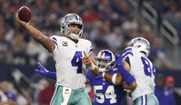 Sep 10, 2017; Arlington, TX, USA; Dallas Cowboys quarterback Dak Prescott (4) throws in the pocket in the third quarter against the New York Giants at AT&T Stadium. Photo Credit: Matthew Emmons-USA TODAY Sports