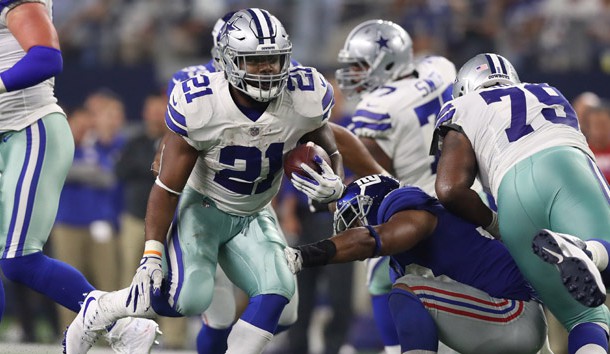 Sep 10, 2017; Arlington, TX, USA; Dallas Cowboys running back Ezekiel Elliott (21) runs with the ball against the New York Giants at AT&T Stadium. Photo Credit: Matthew Emmons-USA TODAY Sports