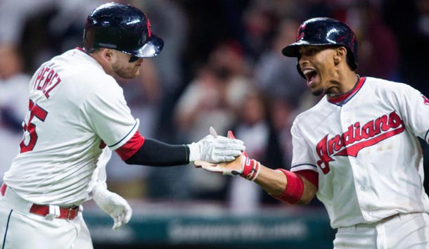 Sep 10, 2017; Cleveland, OH, USA; Cleveland Indians shortstop Francisco Lindor congratulates catcher Roberto Perez (55) on a solo home run during the sixth inning against the Baltimore Orioles at Progressive Field. Photo Credit: Scott R. Galvin-USA TODAY Sports